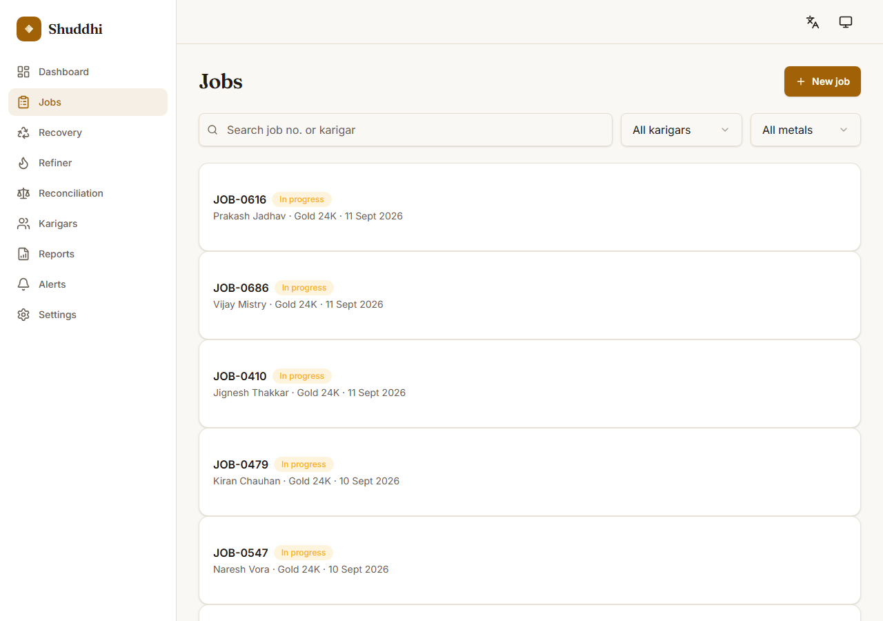 Searchable list of every job card
